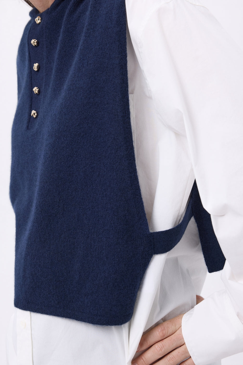 Neo Hooded Bib with Gold Buttons - Navy Blue - Women