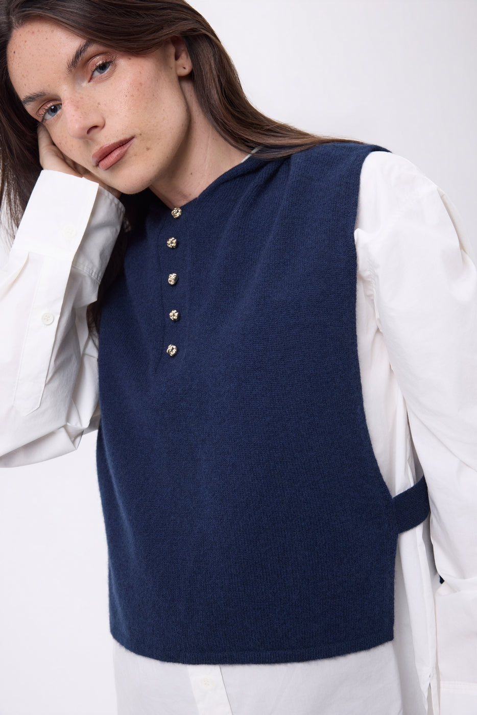 Neo Hooded Bib with Gold Buttons - Navy Blue - Women