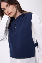 Neo Hooded Bib with Gold Buttons - Navy Blue - Women