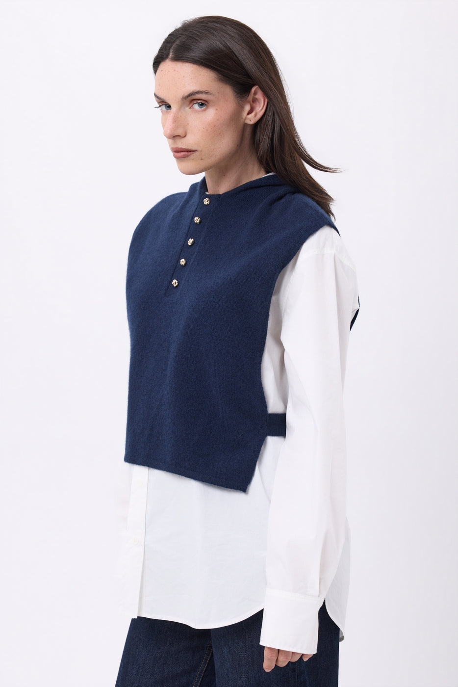 Neo Hooded Bib with Gold Buttons - Navy Blue - Women