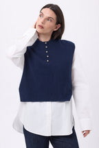 Neo Hooded Bib with Gold Buttons - Navy Blue - Women