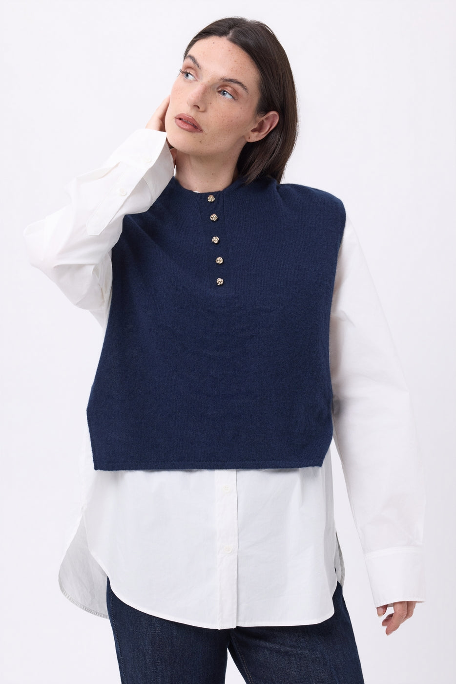 Neo Hooded Bib with Gold Buttons - Navy Blue - Women