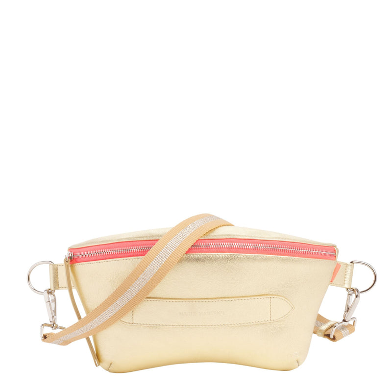 Neufmille - Sac Ceinture XL Beltbag Marie Martens Doré en cuir métallisé - Zip rose fluo 