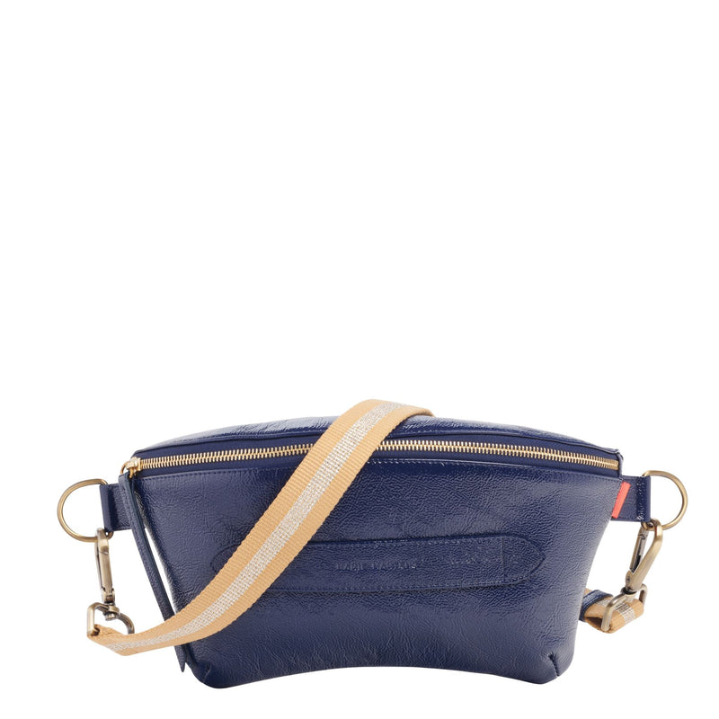 Neufmille - Sac Ceinture XL Beltbag Marie Martens Bleu marine en cuir vernis froissé - Zip bleu 