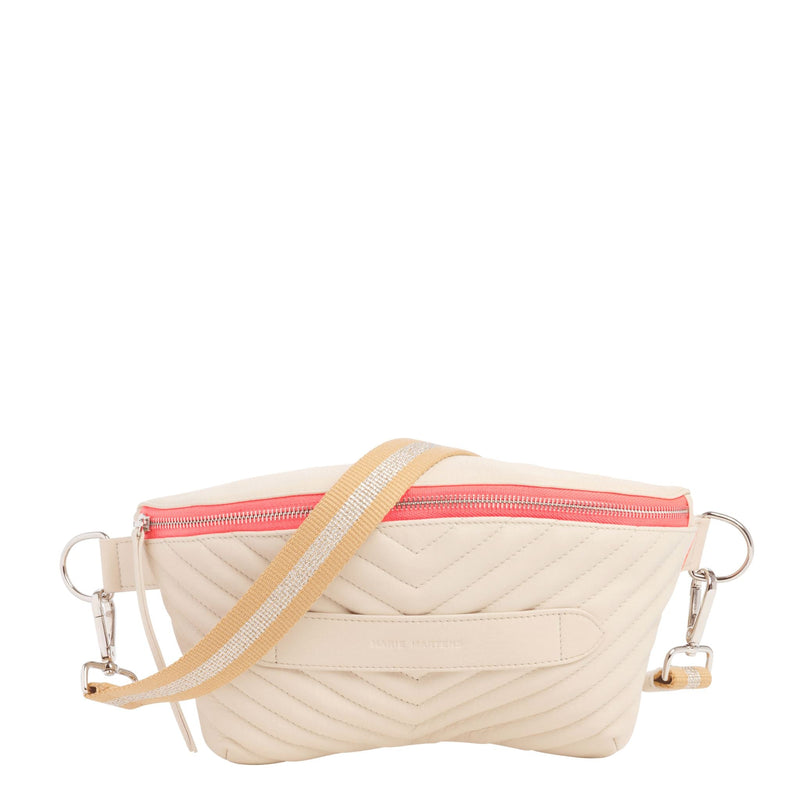 Neufmille - Sac Ceinture XL Beltbag Marie Martens Crème matelassé en cuir grain naturel - Zip rose fluo 