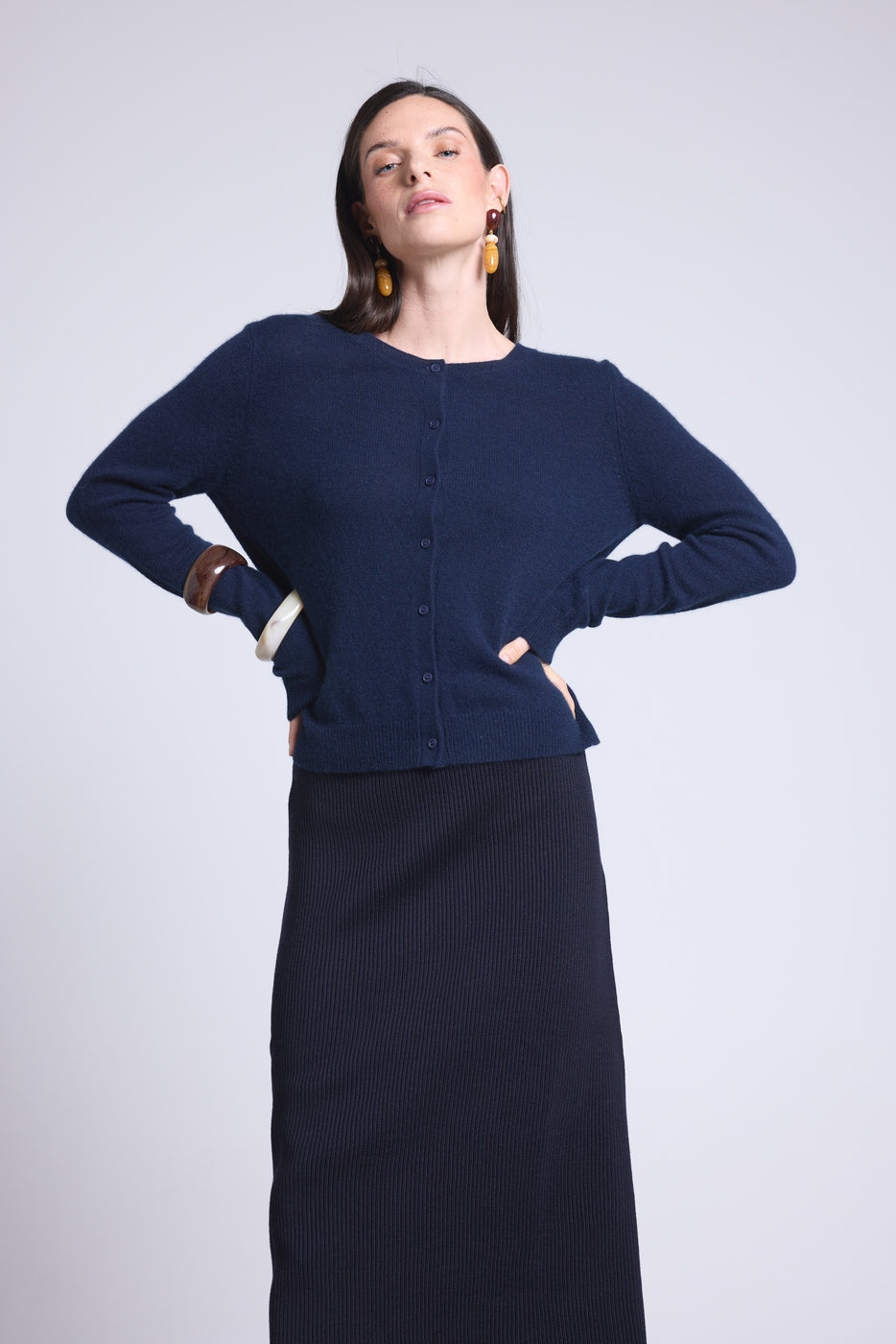 Neva Round-Neck Cardigan - Navy Blue - Women