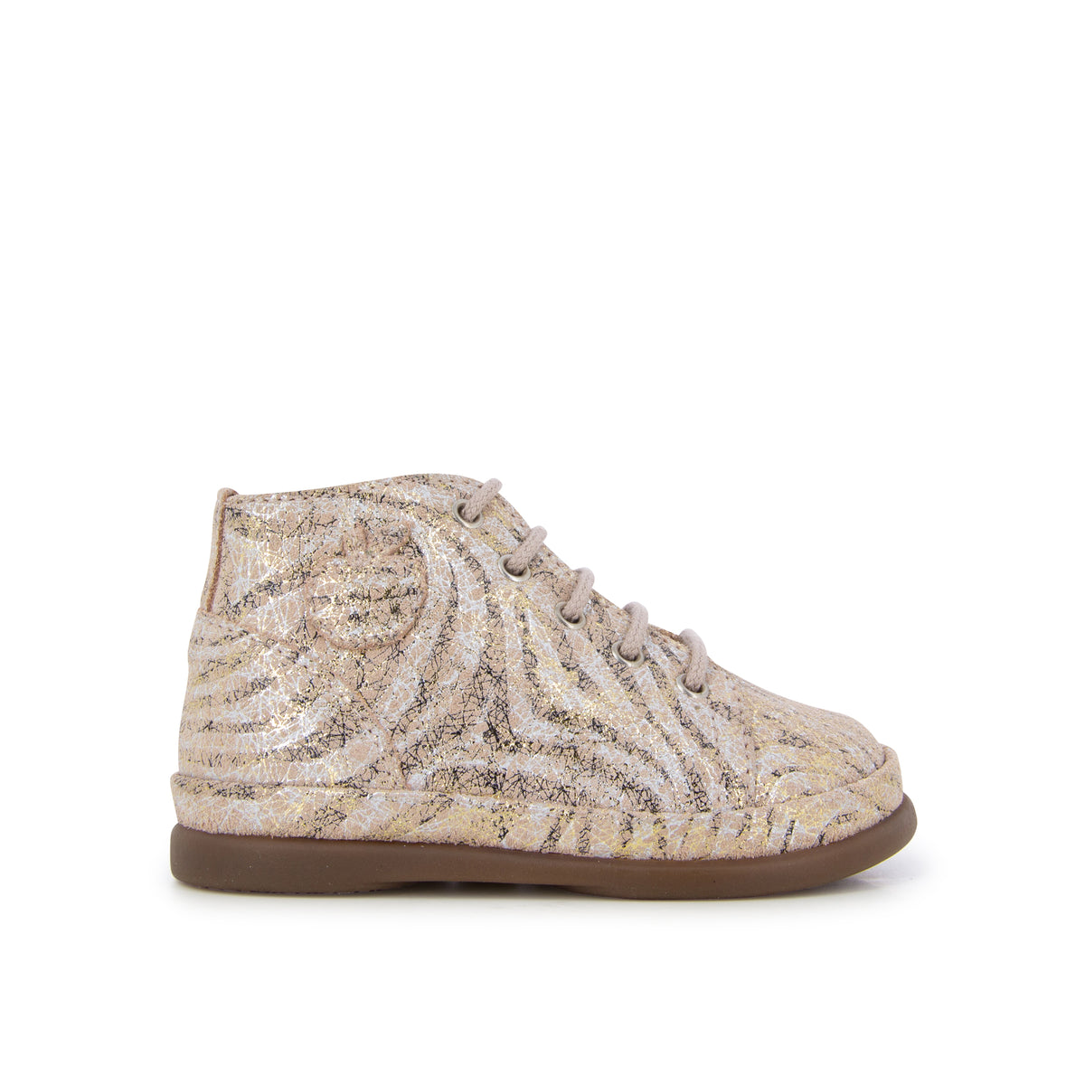 Pom d'Api – Pom D'Api - Newflex Basic - Nude, chaussure montante enfant à lacets, motif zébré doré et beige