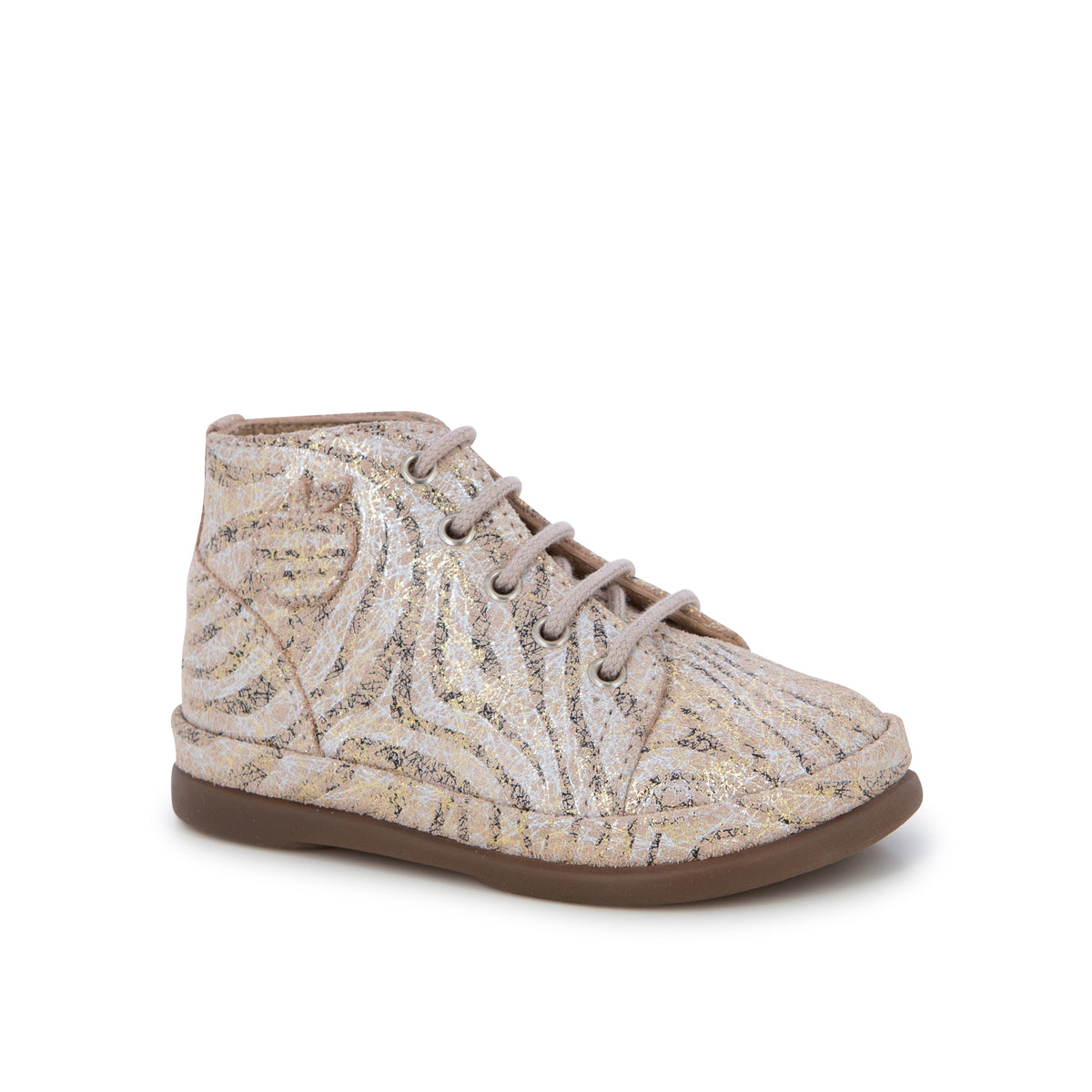 Pom d'Api – Pom D'Api - Newflex Basic - Nude, chaussure montante à lacets, motif zébré doré et blanc cassé