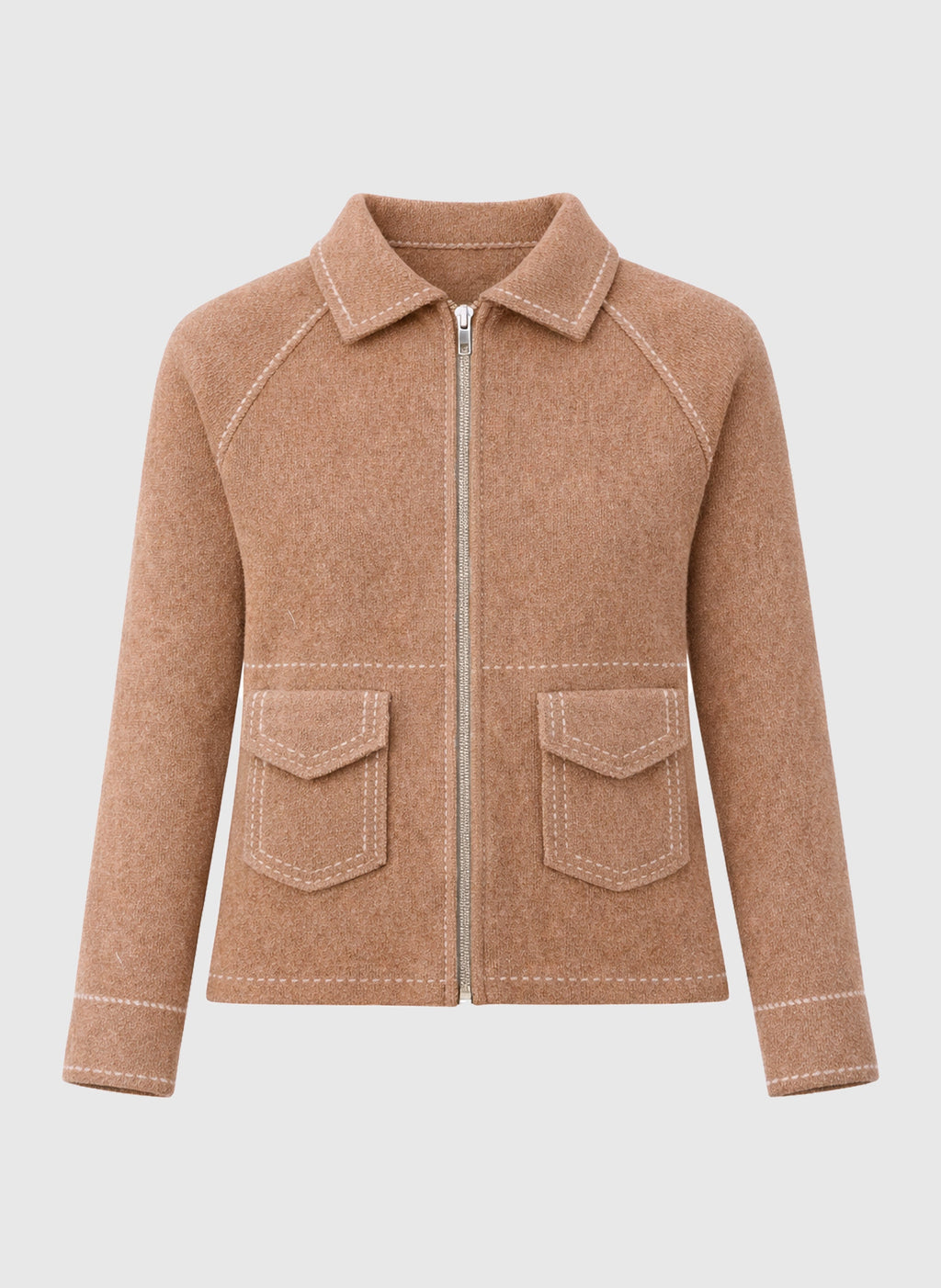 An'ge – Gilet Niba Beige, veste marron en laine avec fermeture éclair et poches à rabat