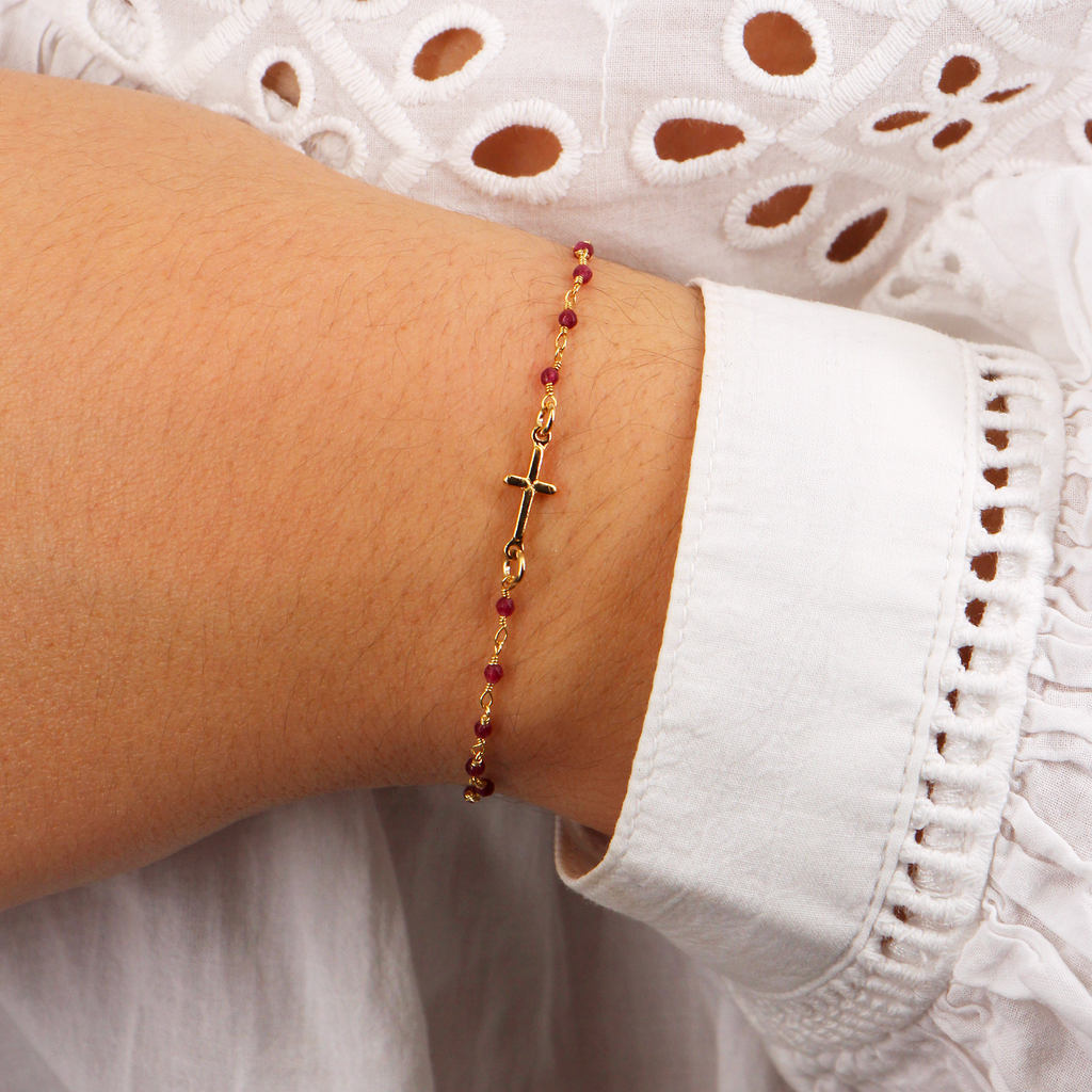 Bracelet Mini Stone Croix - Or & Grenat