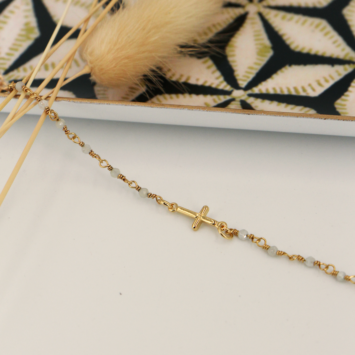 Bracelet Mini Stone Croix Perle De Lune - Or & Blanc