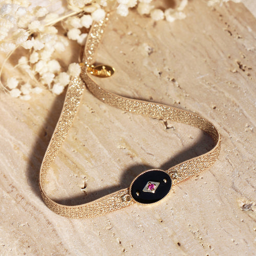 Bracelet  Ruban Elastique  Indie Noir - Or /Noir