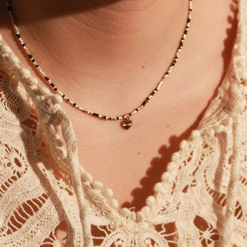 Collier Miyuki Noir Et Or Mini Cœur - Or / Noir