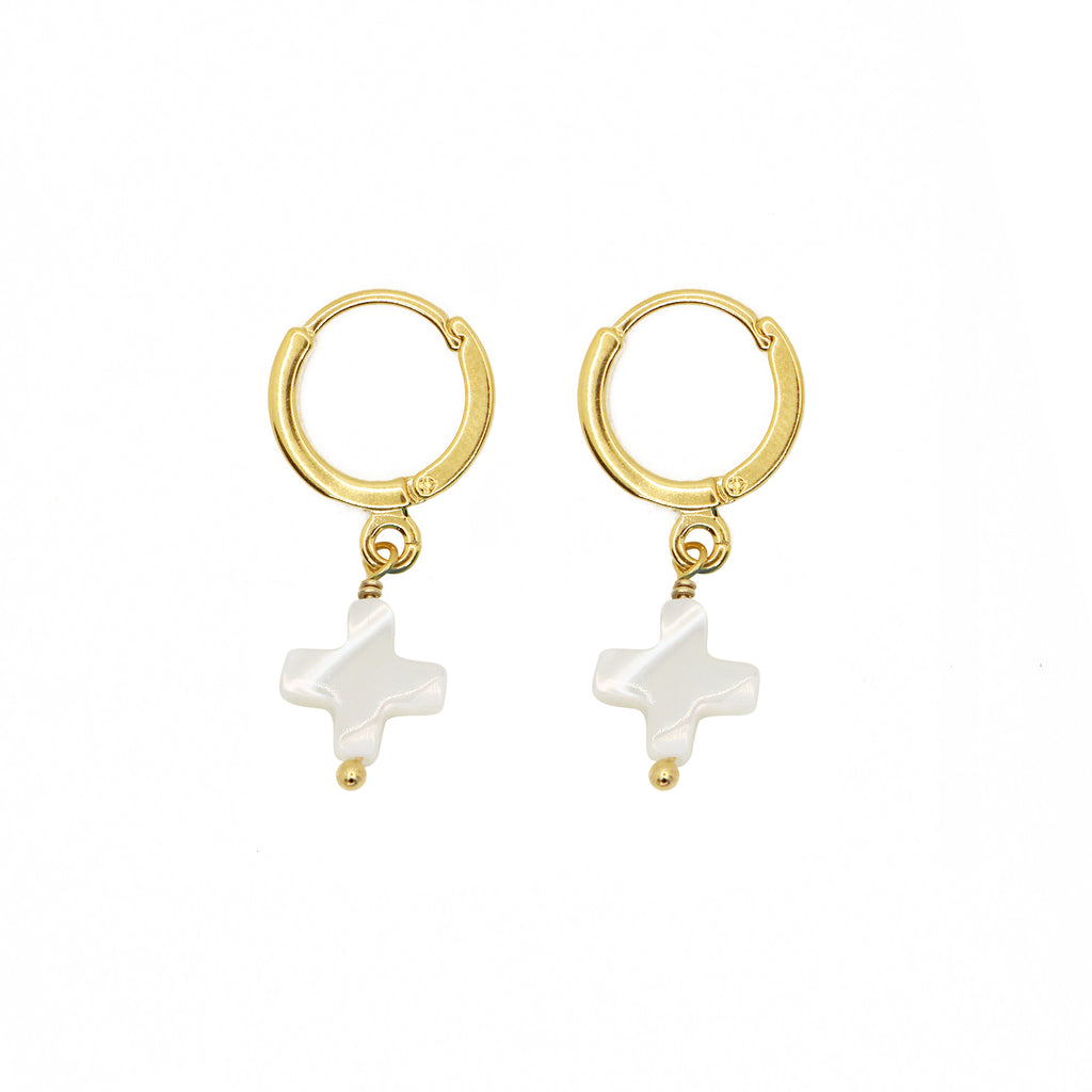 Mini Créoles White Cross - Or & Blanc