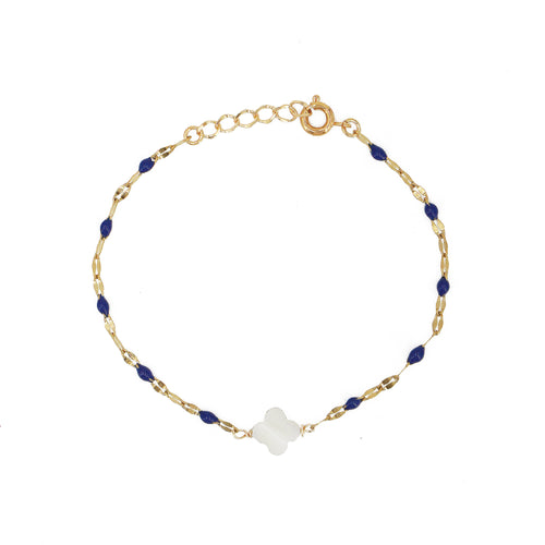 Braclet Ibiza Bleu  Fleur Nacre  - Or / Marine  Blanc