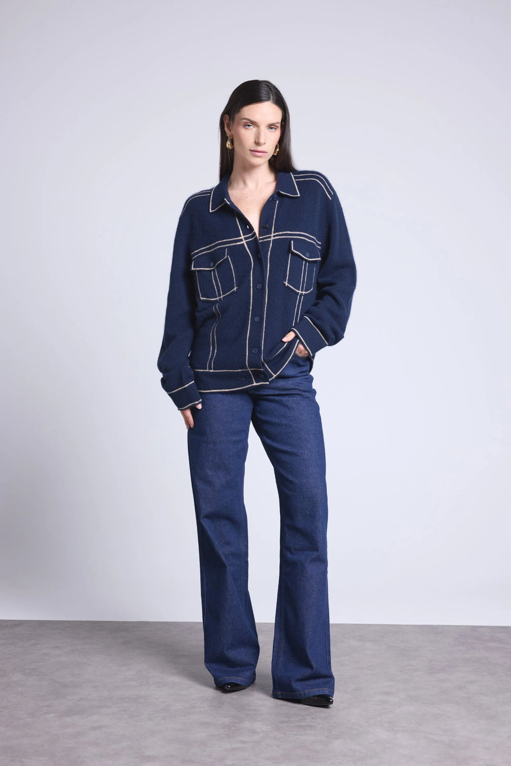 Veste Oversize Cachemire Nina - Bleu Marine Beige - Femme