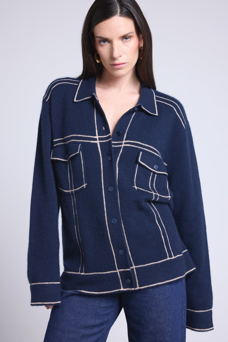 Veste Oversize Cachemire Nina - Bleu Marine Beige - Femme