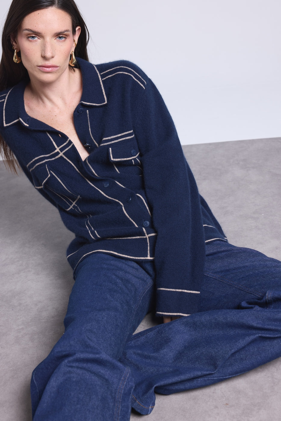 Veste Oversize Cachemire Nina - Bleu Marine Beige - Femme