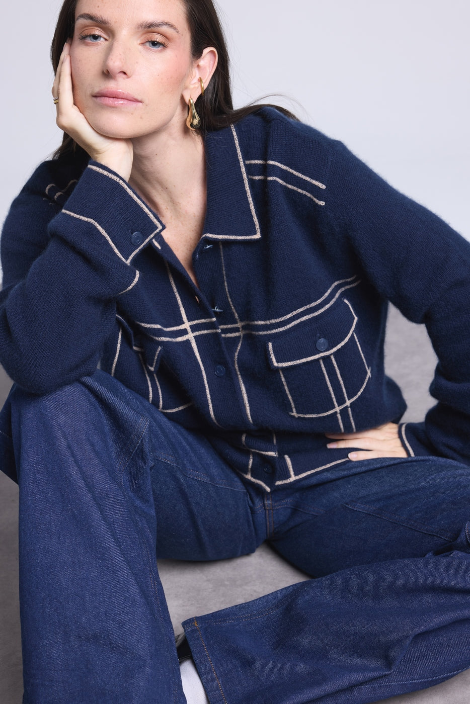 Veste Oversize Cachemire Nina - Bleu Marine Beige - Femme