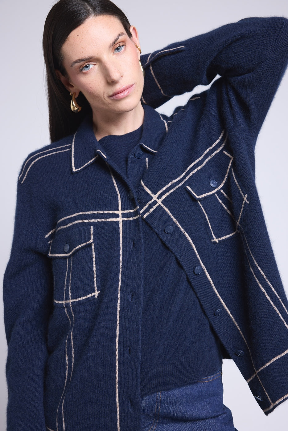 Veste Oversize Cachemire Nina - Bleu Marine Beige - Femme
