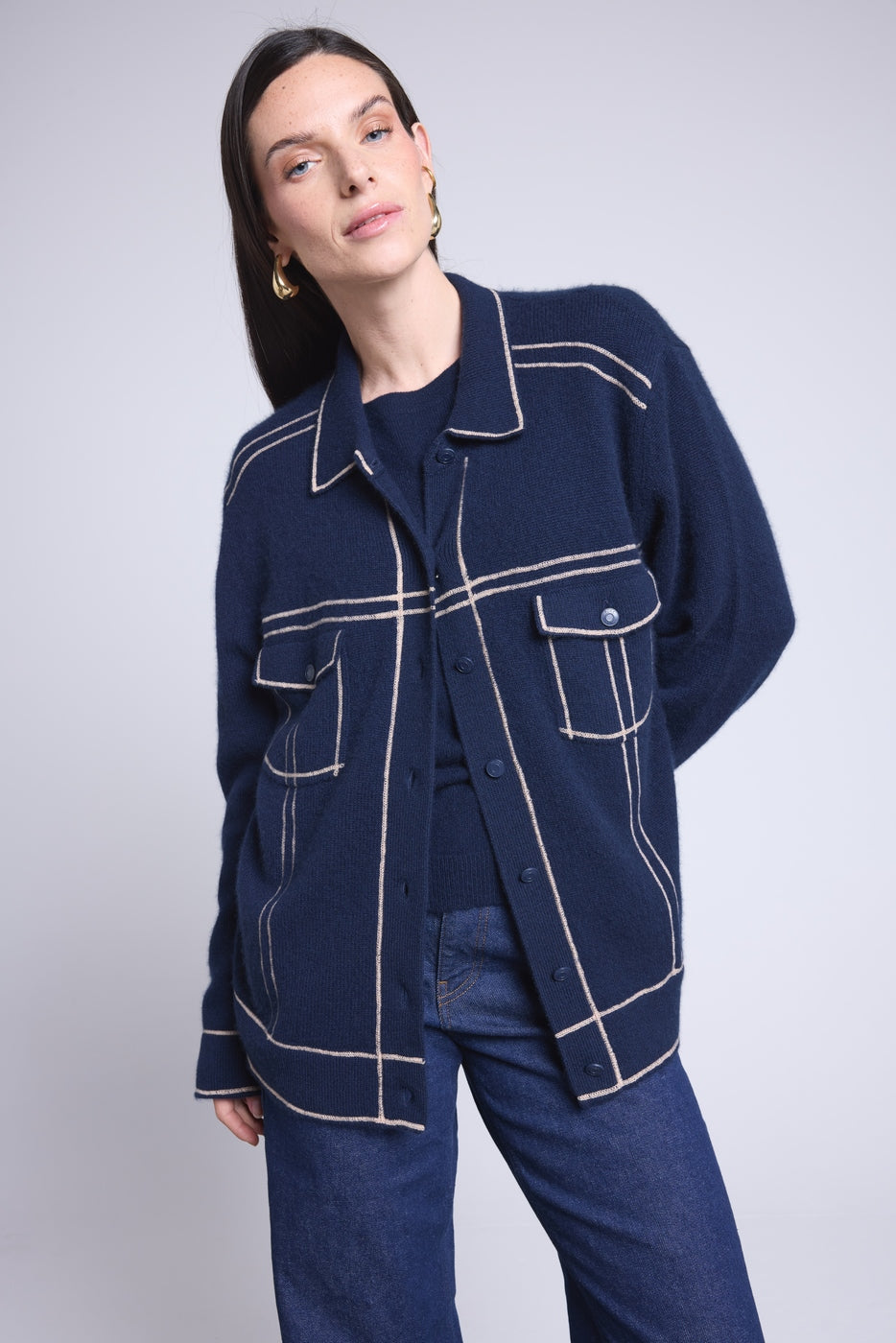 Veste Oversize Cachemire Nina - Bleu Marine Beige - Femme