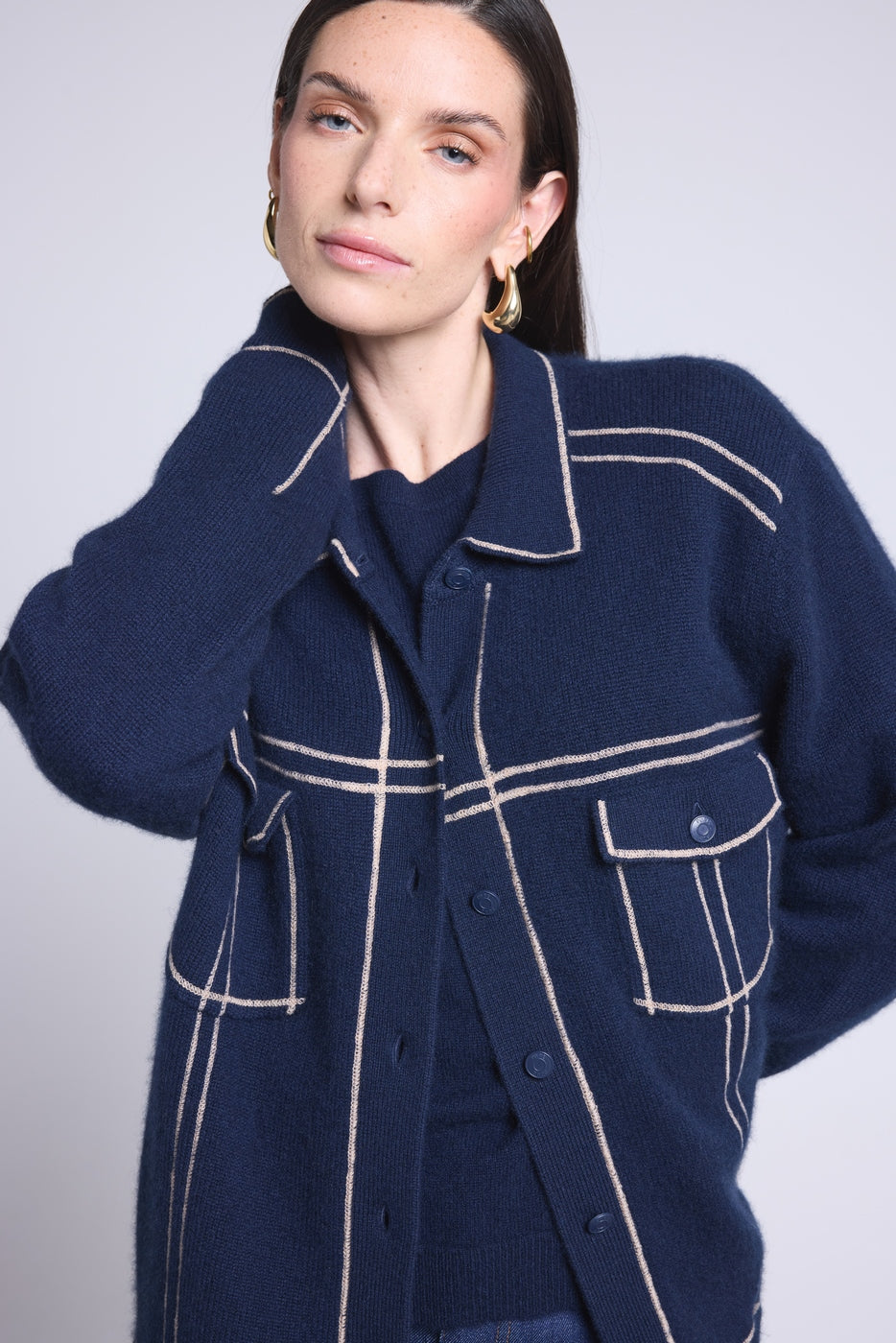 Veste Oversize Cachemire Nina - Bleu Marine Beige - Femme