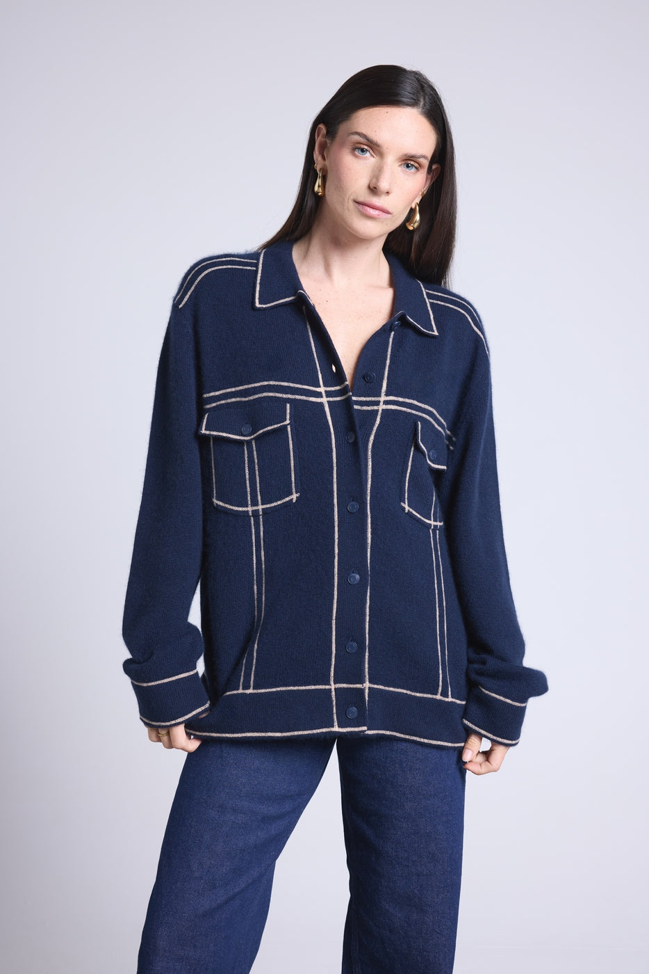 Veste Oversize Cachemire Nina - Bleu Marine Beige - Femme