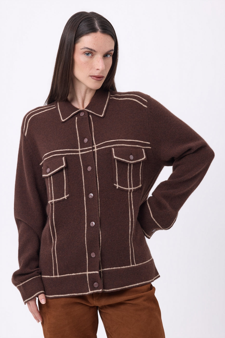 Veste Oversize Nina - Marron Chocolat Beige Creme - Femme - 100% Cachemire