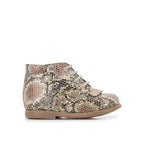 Pom d'Api – Pom D'Api - Nioupi Mex - Taupe/Doré, chaussure montante bébé à lacets, motif serpent marron et doré, vue de profil