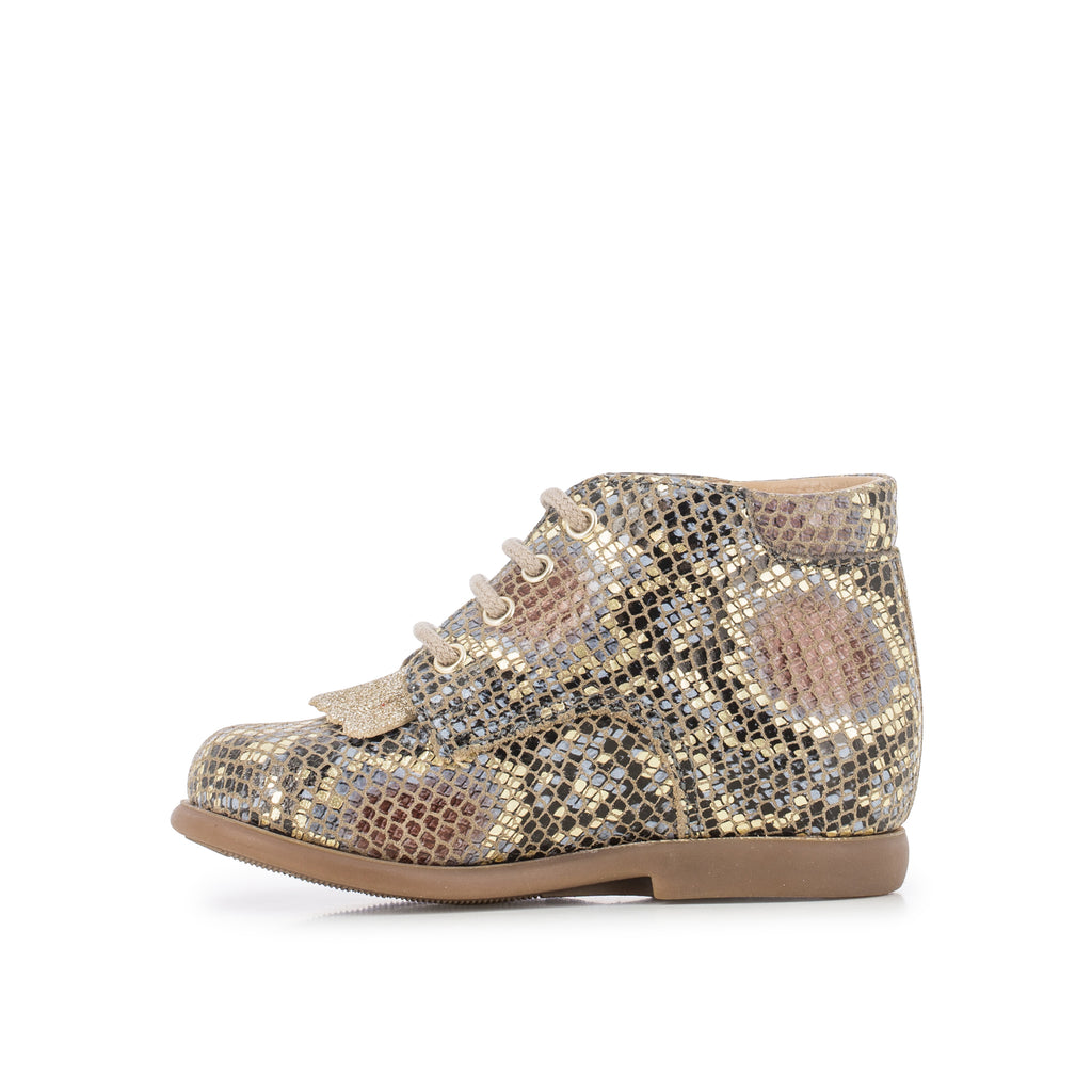Pom d'Api – Pom D'Api - Nioupi Mex - Taupe/Doré, chaussure montante pour enfant, motif serpent, vue de profil sur fond blanc