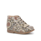 Pom d'Api – Pom D'Api - Nioupi Mex - Taupe/Doré, chaussure montante bébé à lacets, motif serpent, vue de face