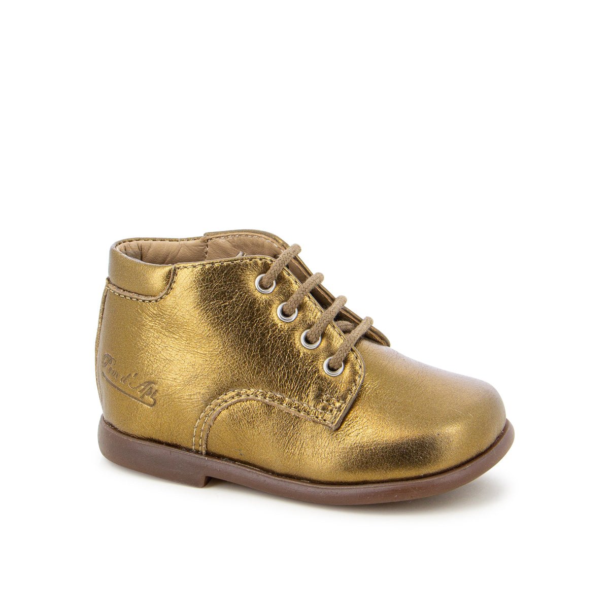 Pom d'Api – Pom D'Api - Nioupi Derby - Ambre, chaussure bébé dorée à lacets, vue de côté sur fond blanc