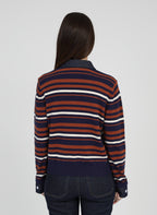 An'ge – Pull Nonojo Marine, vue de dos d'une femme portant un pull rayé bleu marine et marron