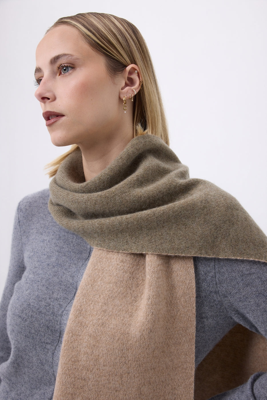 Echarpe Tres Épaiesse Double Face Bi Colore Nuance - Beige Creme-Vert Khaki - Mixte