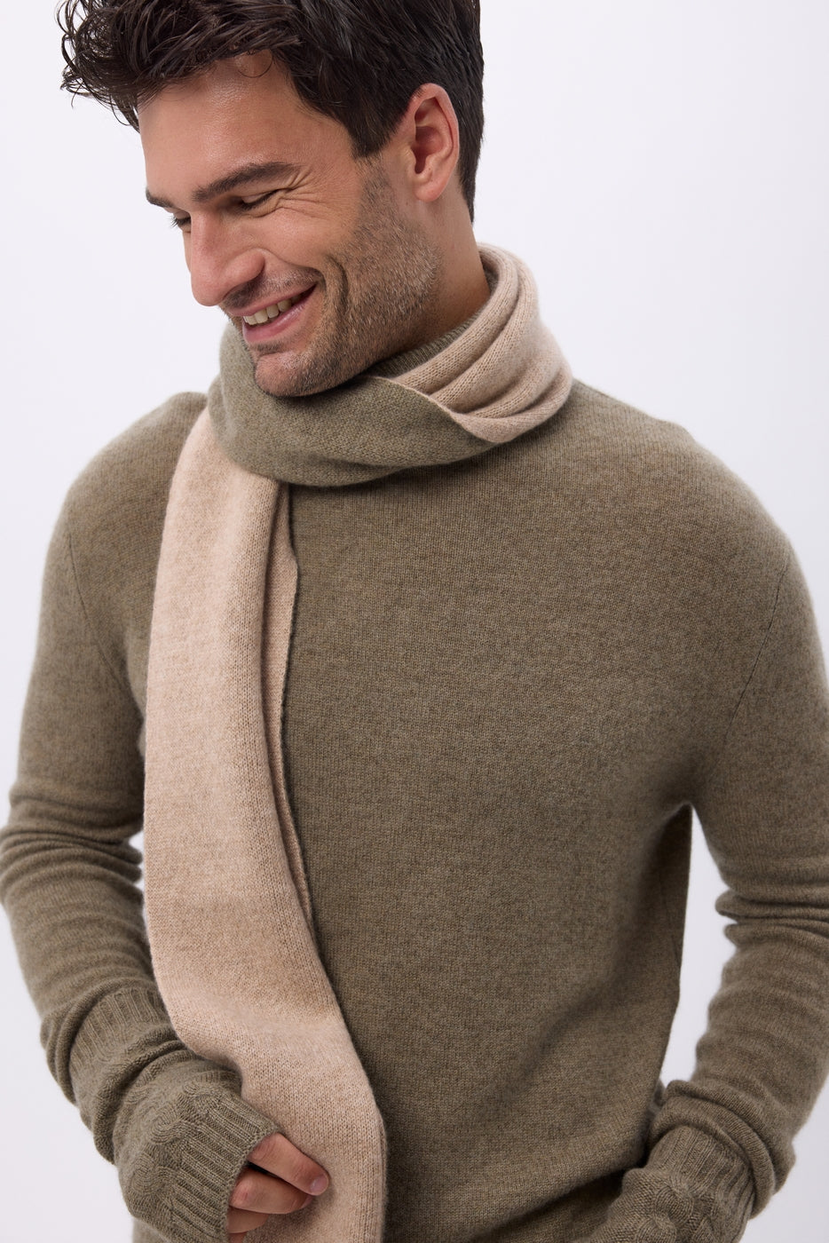 Echarpe Tres Épaiesse Double Face Bi Colore Nuance - Beige Creme-Vert Khaki - Mixte