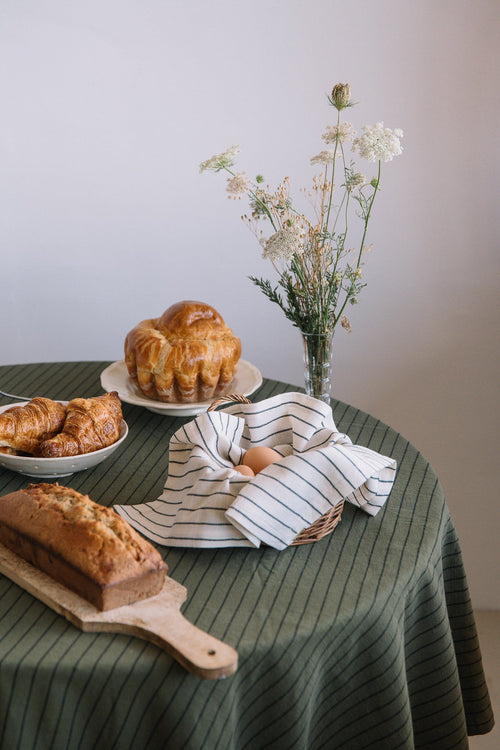 Nappe Vert Câpre À Rayures En Coton Flammé