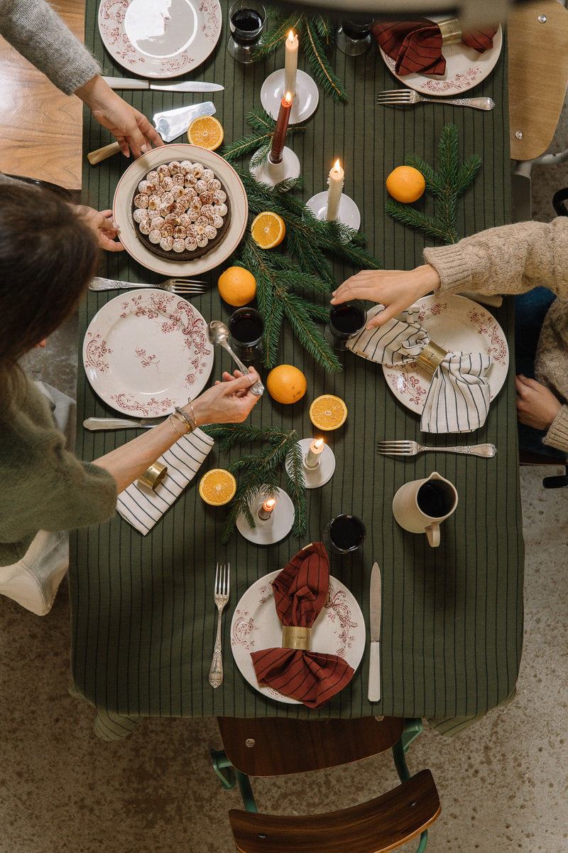 Nappe Vert Câpre À Rayures En Coton Flammé