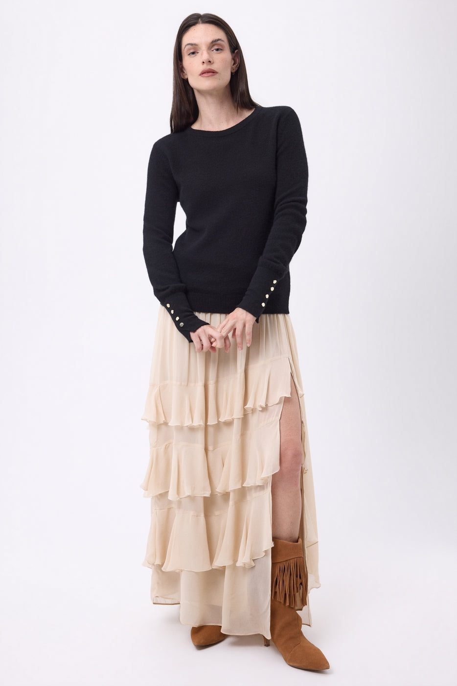 Jersey de cuello redondo con botones dorados y mangas globo Od - Negro - Mujer