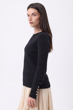 Jersey de cuello redondo con botones dorados y mangas globo Od - Negro - Mujer