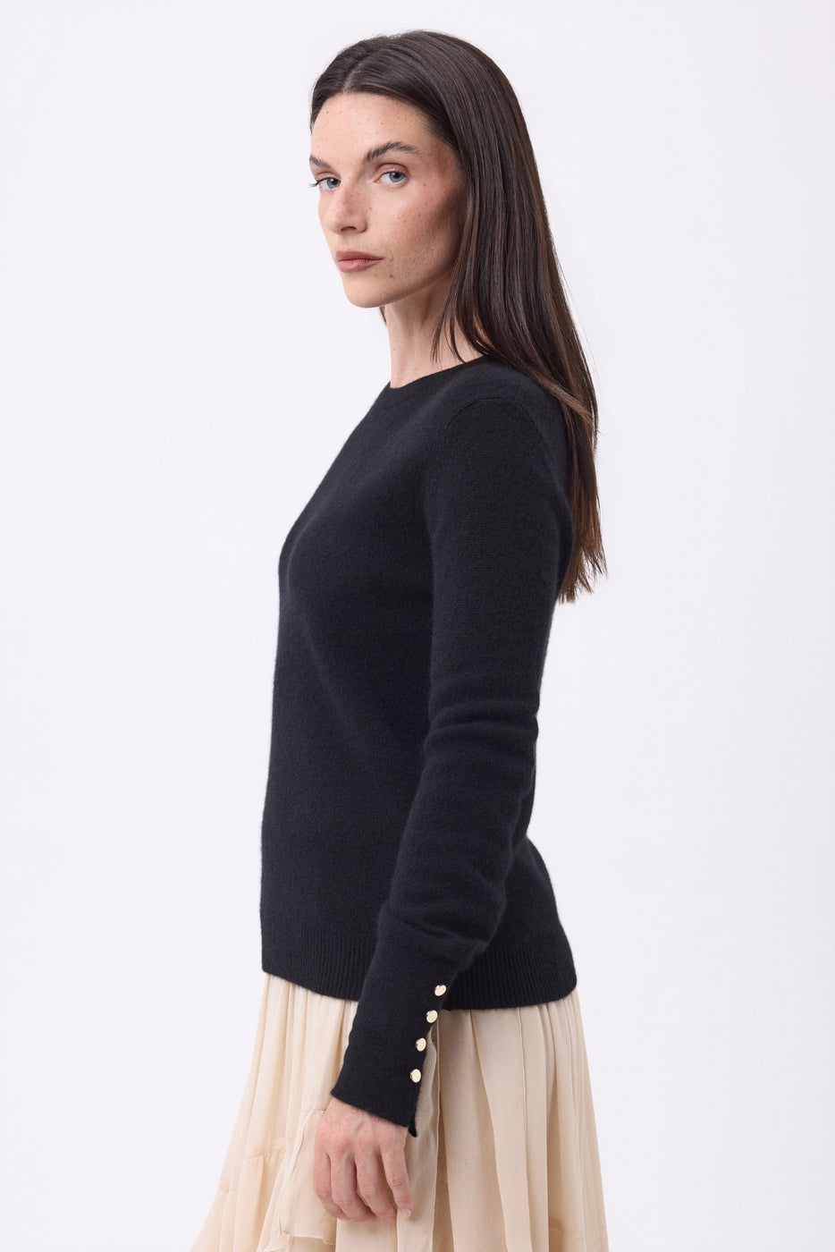 Jersey de cuello redondo con botones dorados y mangas globo Od - Negro - Mujer