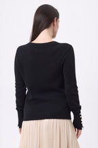 Jersey de cuello redondo con botones dorados y mangas globo Od - Negro - Mujer