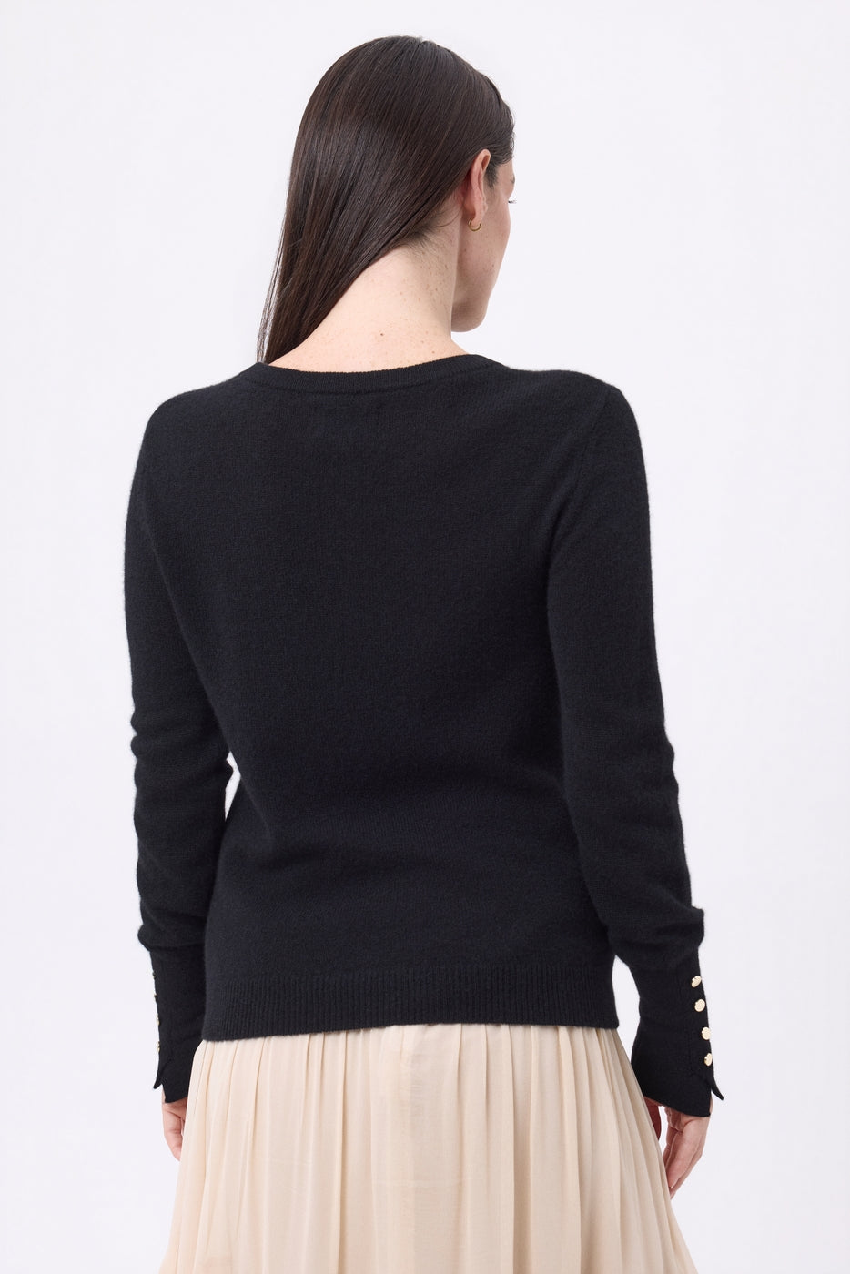Jersey de cuello redondo con botones dorados y mangas globo Od - Negro - Mujer