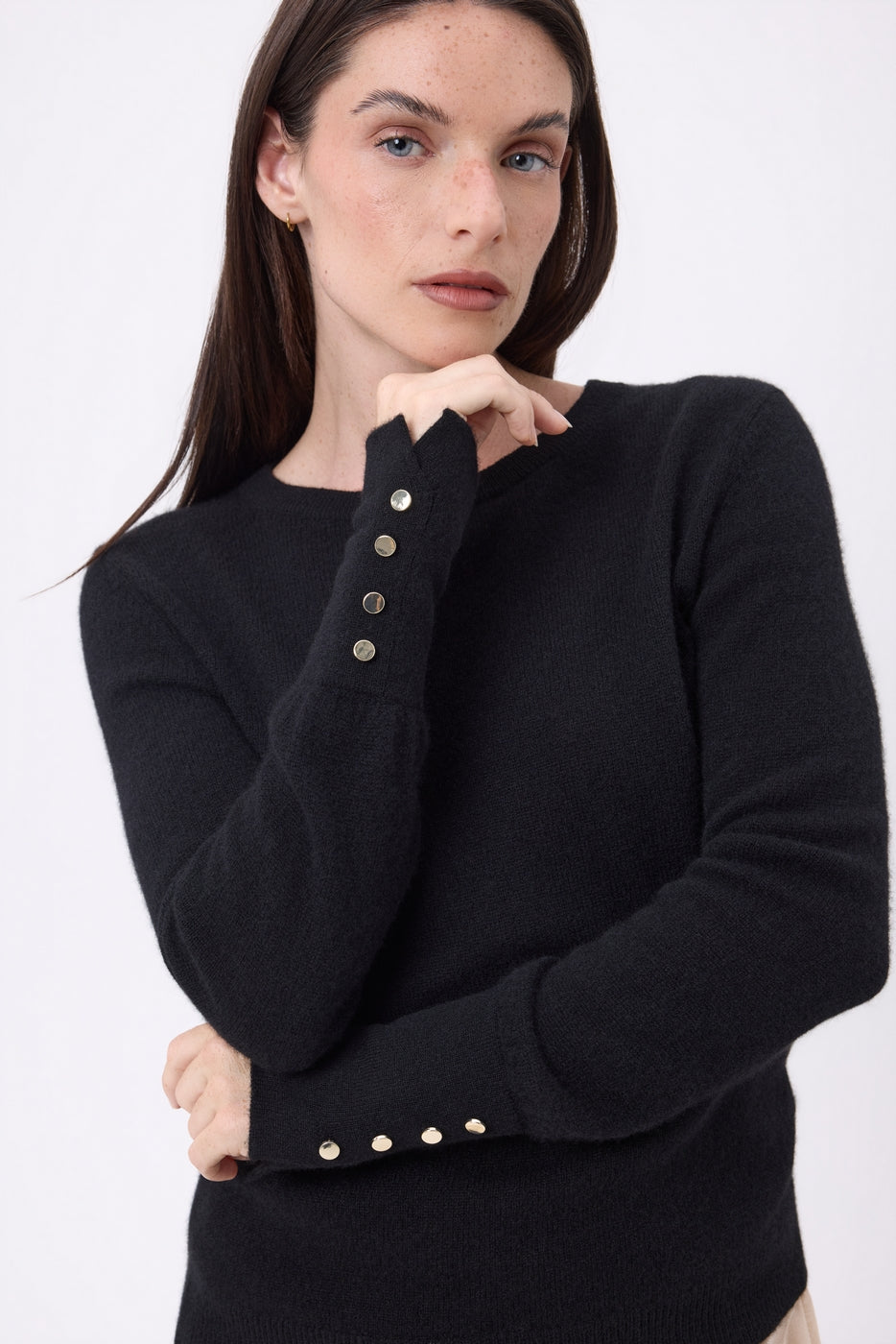 Jersey de cuello redondo con botones dorados y mangas globo Od - Negro - Mujer