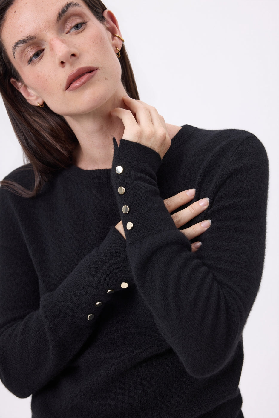 Jersey de cuello redondo con botones dorados y mangas globo Od - Negro - Mujer