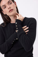 Jersey de cuello redondo con botones dorados y mangas globo Od - Negro - Mujer