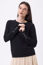 Jersey de cuello redondo con botones dorados y mangas globo Od - Negro - Mujer
