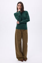 Maglione Girocollo Bottoni Dorati Maniche a Sbuffo Od - Verde Bottiglia - Donna - 100% Cashmere