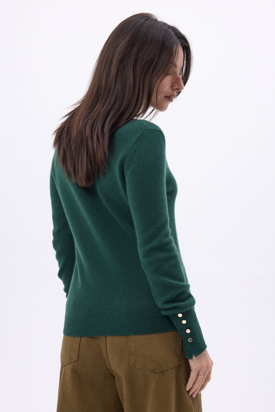 Maglione Girocollo Bottoni Dorati Maniche a Sbuffo Od - Verde Bottiglia - Donna - 100% Cashmere