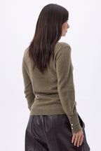 Jersey de Cuello Redondo con Botones Dorados y Mangas Abullonadas Od - Caqui Jaspeado - Mujer - 100% Cachemira