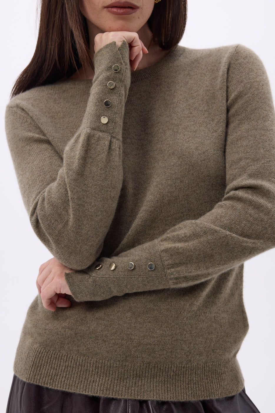Jersey de Cuello Redondo con Botones Dorados y Mangas Abullonadas Od - Caqui Jaspeado - Mujer - 100% Cachemira